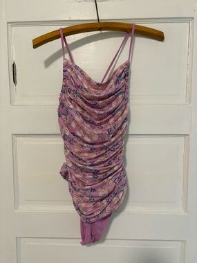 Free People Pink Floral Ruched Cowl Bodysuit